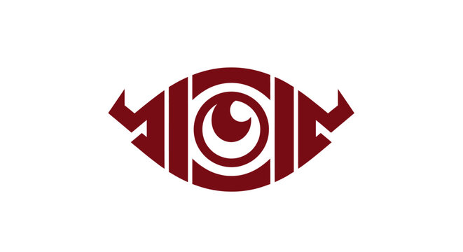 Stylized red eye logo with geometric abstract wings.