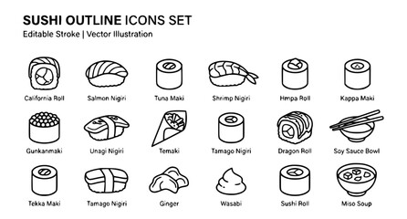 Editable sushi outline icons set with Japanese food line symbols vector illustration isolated on white background © Shaariar