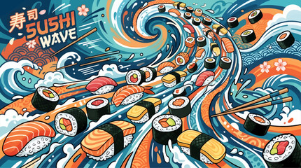 Obraz premium Sushi Rolls and Nigiri Sliding Down a Stylized Flowing Wave, Japanese Food Illustration with Chopsticks and Cherry Blossom Petals, Vibrant Graphic Art with Traditional Hokusai Wave Influence