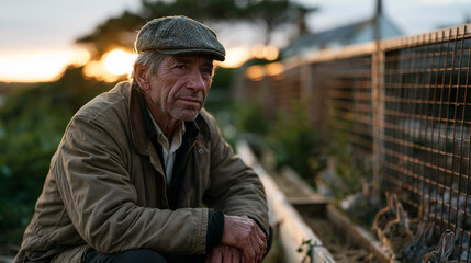 Fototapeta premium Warrener checking rabbit burrow enclosures at dusk on a British countryside farm, an elderly man in a waxed jacket crouching beside wire mesh pens, inspecting feed troughs and