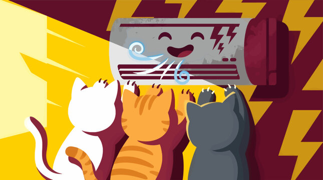 Three Cute Chibi Kittens Enjoying Cool Airflow from a Smiling Air Conditioner Unit, Flat Vector Illustration with Yellow and Burgundy Lightning Background