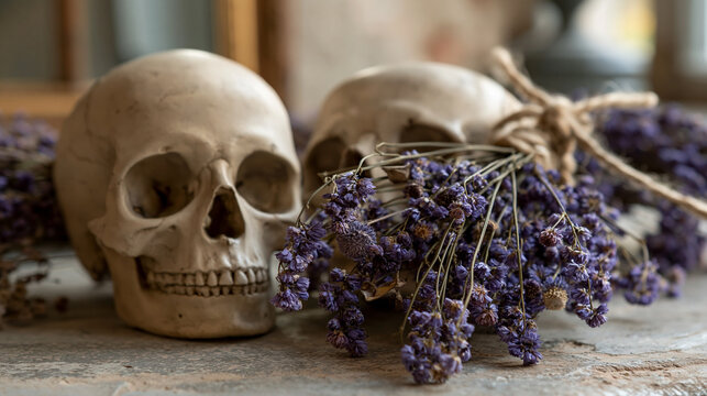 Wreath with skulls and dried flowers, Halloween decoration