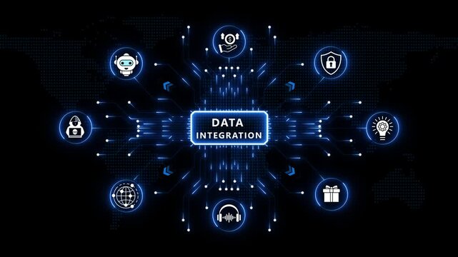 Data integration technology dashboard showcasing connected digital ecosystems, intelligent analytics networks, automated information processing