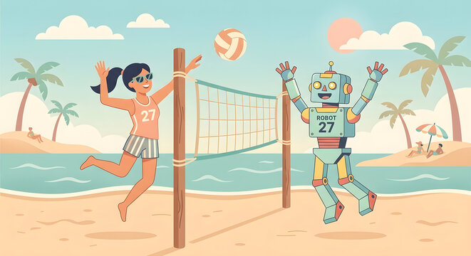 A girl and a robot with artificial intelligence play summer volleyball