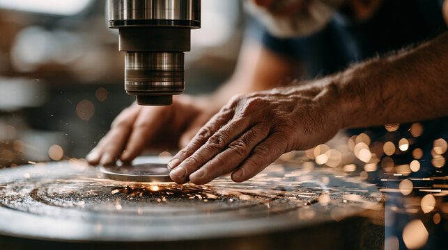 Optometry lens grinding room, close up of hands guiding an uncut lens blank into a precision surfacing machine in a prosthetics and optics workshop, sparks of ground material,