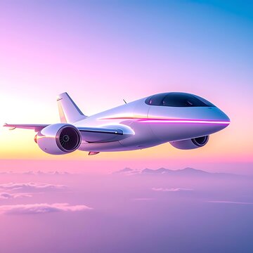 Futuristic airplane flying through sunset sky.