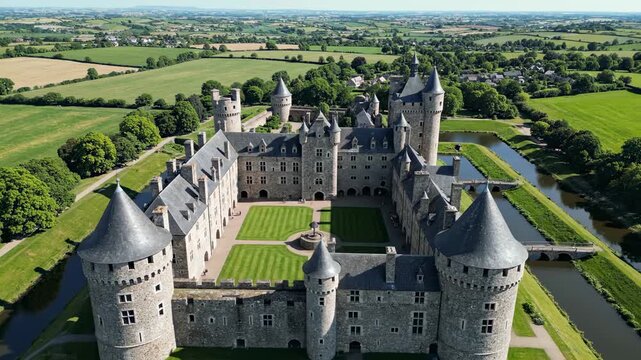 An aerial perspective shows the historic Jousseaume castle in France surrounded by lush green landscapes and water moats during a bright day under a clear blue sky in this vibrant summer