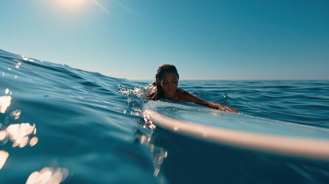 Young woman lying on a surfboard floating on calm ocean waves under the warm summer sun. Tropical scenery captures relaxation, freedom, wellness, and a peaceful vacation lifestyle.