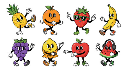 Obraz premium Retro vintage fruit characters collection with happy dancing expressions, vibrant colorful vector elements for summer themes, food branding, stickers