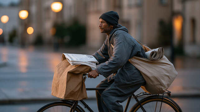 Newspaper delivery cyclist in an urban residential street at predawn, slinging rolled papers from a canvas bag saddled across the handlebars, motion blur of passing amber