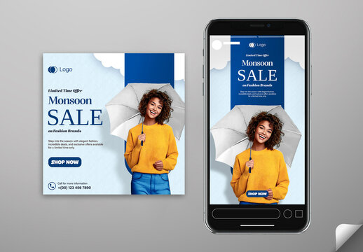 Editable Monsoon Sale Social Media Post and Story Template Design with Happy Woman Holding Umbrella Photo.