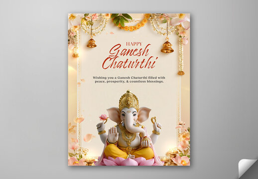Editable Happy Ganesh Chaturthi Social Media Greeting Post Template with 3D Lord Ganesha Idol on Lotus Flower and Festive Decorations Background.