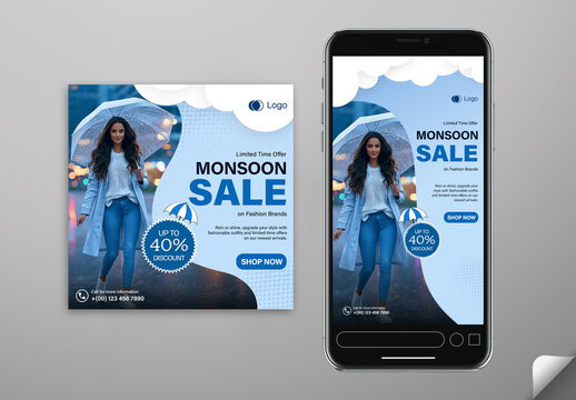 Editable Monsoon Sale Social Media Post and Story Template Design with Modern Woman Holding Clear Umbrella in Rain Outside and Up to 40 Percent Off on Fashion Brands.