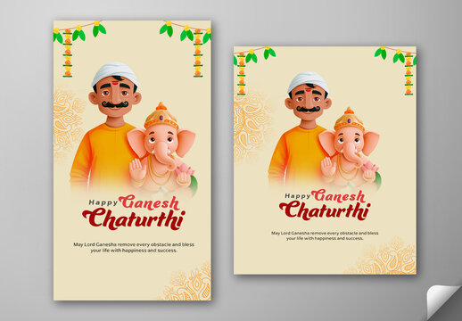 Editable Happy Ganesh Chaturthi Social Media Greeting Post and Story Template Design with Maharashtra Man Holding Lord Ganesha Idol on Pastel Yellow Background.