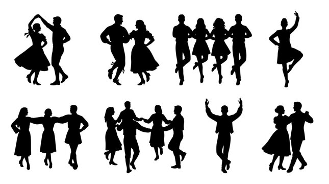 Set of black silhouettes of people dancing folk dances, traditional cultural celebration, joyful movement and festive group activity, isolated