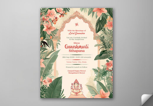 Editable Happy Ganesh Chaturthi Festival Invitation Poster Template with Floral Decorations and Event Details.