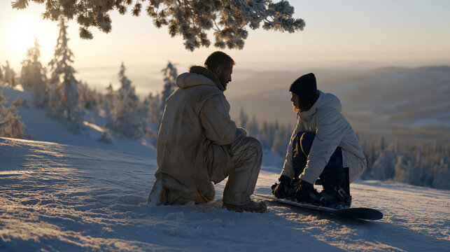 Autumn dawn breaking over a remote snowboard terrain park as a weathered instructor kneels in fresh powder beside a teenage athlete, adjusting boot bindings with expert precision