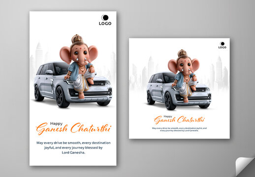 Editable Happy Ganesh Chaturthi Social Media Greeting Post and Story Template Design with 3D Cute Baby Lord Ganesha Sitting on Car Outdoor.