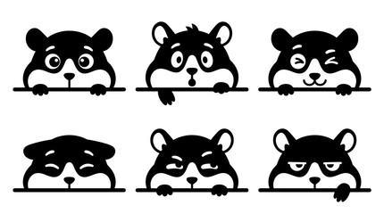 Fototapeta premium Set of hamster faces peeking over border, emotive animal expressions, silhouette style for stickers, emblems, social media avatars and web icons