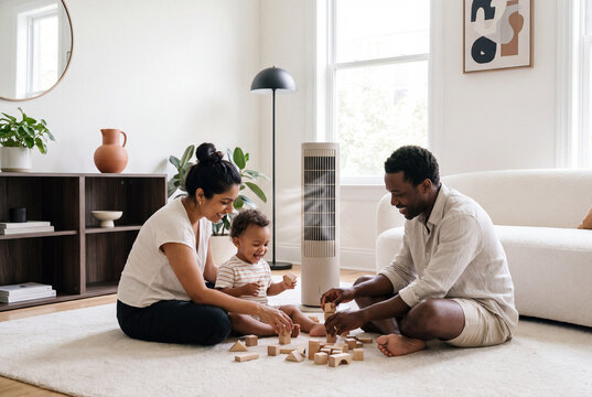Young diverse family with toddler playing on living room rug beside a cooling fan on a hot summer day in modern minimalist home interior