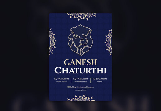 Editable Happy Ganesh Chaturthi Festival Invitation Poster Template with Linear Style Lord Ganesha and Event Schedule from Ganesh Sthapna to Visarjan on Blue Background.