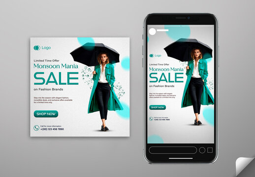 Editable Monsoon Mania Sale Social Media Post and Story Template Design with Young Woman Holding Umbrella in Standing Pose Photo.