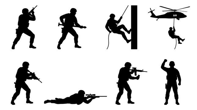Set of black silhouettes of soldiers in combat, tactical military maneuvers, helicopter rappel, assault rifle, defense and tactical operations