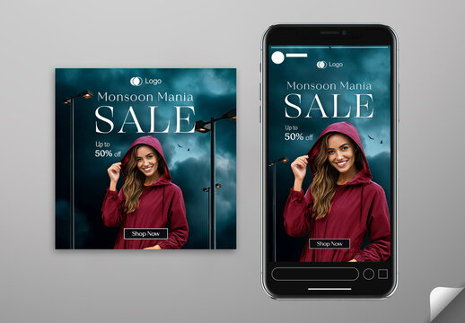 Editable Monsoon Mania Sale Social Media Post and Story Template Design with Smiling Woman Wearing Hooded Raincoat Under Dark Stormy Clouds Background.
