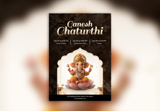 Editable Happy Ganesh Chaturthi Festival Invitation Poster Template with 3D Cute Baby Lord Ganesha on Lotus and Event Schedule from Ganesh Sthapna to Visarjan on Elegant Dark Background.
