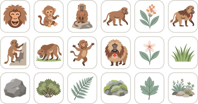 Cute baboon and monkey character icon set featuring various jungle plants and rocks in flat vector style