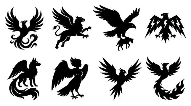 Set of black mythical creature silhouettes including phoenix, griffin, eagle, and firebird, perfect for heraldry, logos, emblems, and medieval design
