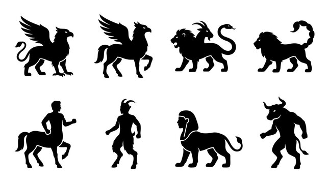 Set of mythological creature silhouettes including griffin, centaur, chimera and minotaur for fantasy design projects, heraldry and historical emblem