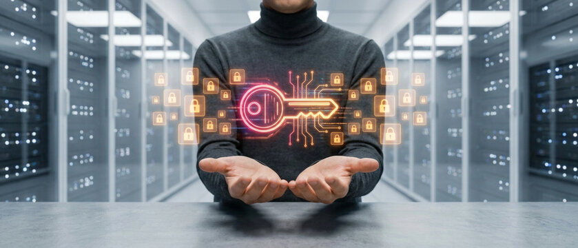 Cyber security and data protection concept, digital key icon with glowing padlocks in a server room data center background