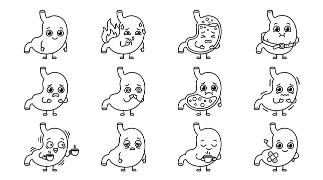 Set of cute anthropomorphic stomach characters with various health states and expressions, digestive system medical education, gastroenterology