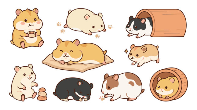 Set of cute hamsters in various poses including eating sleeping and hiding in logs perfect for nursery decor and playful sticker designs