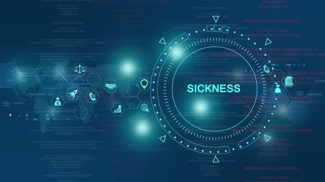 Digital health data interface with sickness warning, global network hud, futuristic medical technology hud, cyber security and healthcare analytics background, blue tech motion