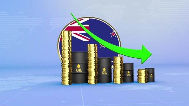 New Zealand Oil Prices Decline with Oil Barrels, Gold Coins and Downward Green Arrow, 3D Economic and Financial Market Concept