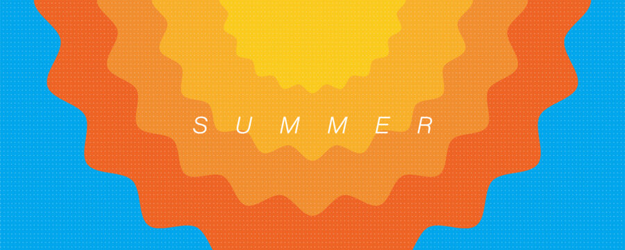 Horizontal summer-themed abstract minimalist poster, cover, banner, card with bright sun in a blue sky. Illustration of summer vacation, travel, and tourism. eps 10