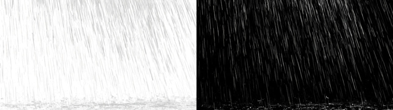 Heavy rain overlay on isolated white background, falling raindrops texture with splashing water at the bottom, weather effect element for digital compositing, photo manipulation
