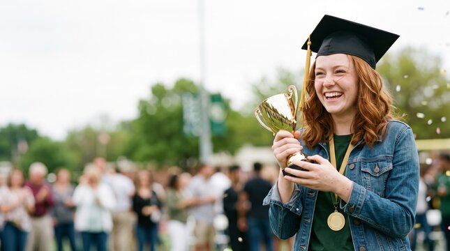 Happy graduate holding a trophy and medal during graduation ceremony, celebrating academic excellence and achievement