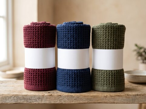 Three rolled waffle pattern fabric towels in burgundy blue and olive colors standing on a rustic wooden table