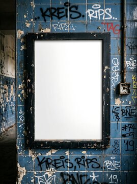 Blank white poster mockup mounted on an urban tile wall covered with colorful graffiti and street art