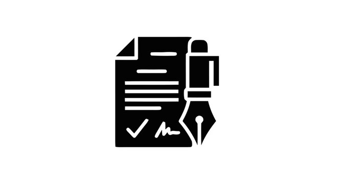 A graphic illustration of a document and a pen creating a signed contract.