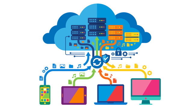 Cloud computing network with various devices connected to data storage and services.