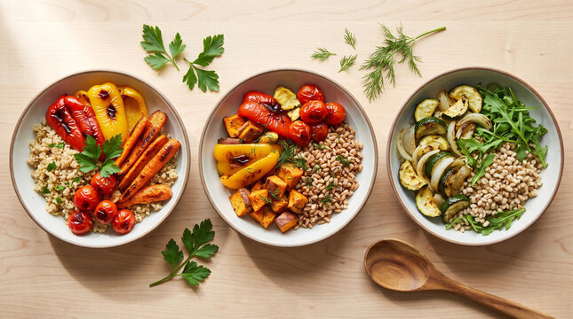Overhead flatlay of roasted vegetable and grain bowls with fresh herbs and a wooden spoon
