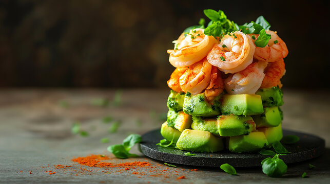 Shrimp and avocado tower with paprika tuile served on a black plate at a restaurant