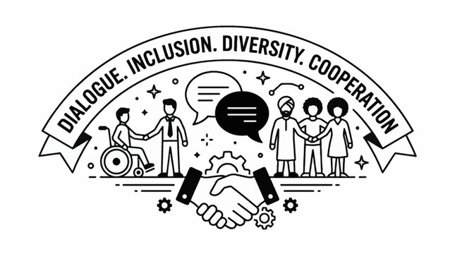 Diversity and Inclusion concept illustration with diverse people shaking hands and communication symbols.