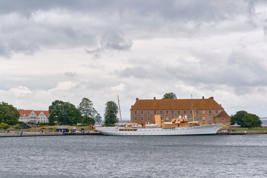 Royal yacht Danebrog docked at Sonderborg Castle historic Danish maritime heritage and travel destination in Denmark european tourism ship