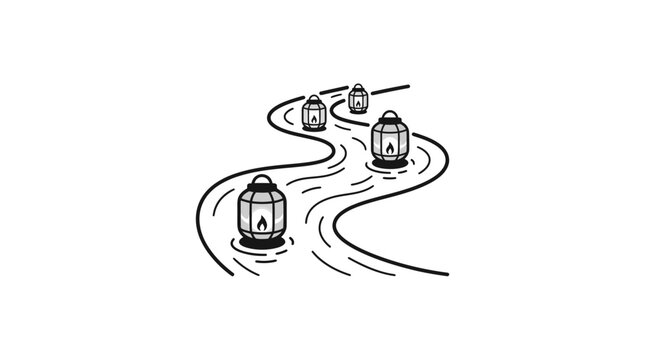 Line art illustration of floating lanterns on a winding river.