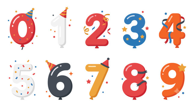 Flat vector illustration icon set of colorful birthday number balloons from 0 to 9 with festive decorations, isolated on a white background.